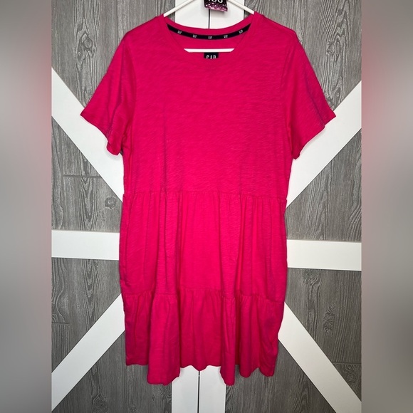 103. Gap Ladies Short Sleeve Tiered Dress (Beetroot Purple/Hot Pink) L - Picture 2 of 6